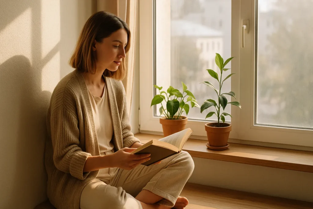 Home 2 Person sitting on windowsill with sunlight, book in hand, houseplants in background (Modern Lifestyle Blog)